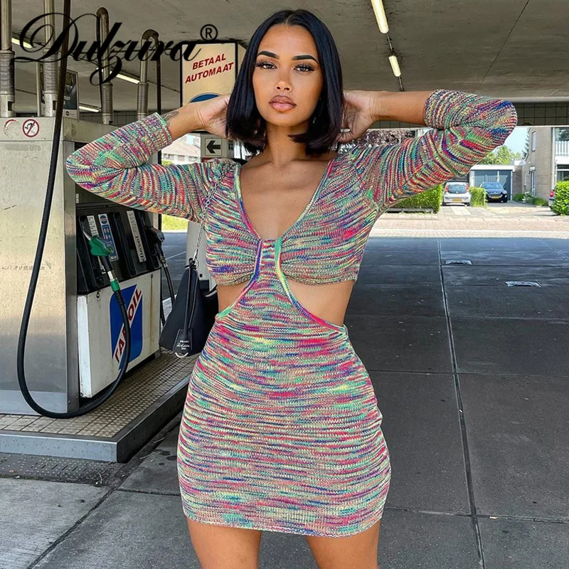 

Dulzura Tie Dye Print Women Ribbed Long Sleeve Hollow Out Mini Dress Bodycon Sexy Streetwear Party Elegant 2021 Autumn Winter