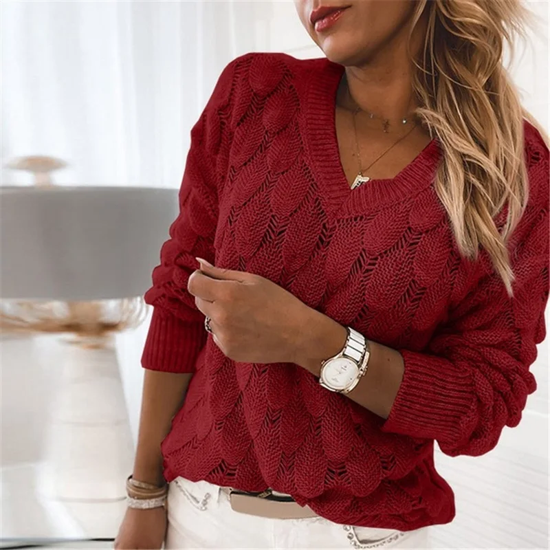 

2020 New Women V-neck pullover Sweater Tops Long Sleeve Hollow Out Feather Shap Elegant Ladies Sweatershirt