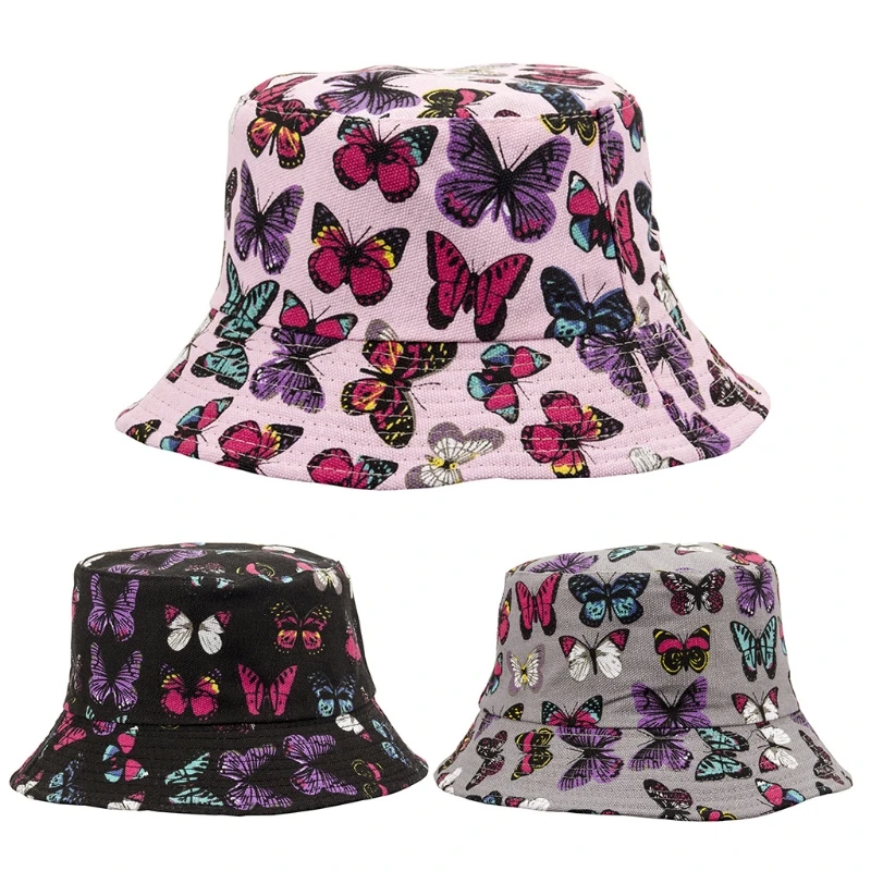 

N7MF Cotton Printed Butterfly Fisherman Hat Foldable Bucket Hats Wide Brims Sunscreen
