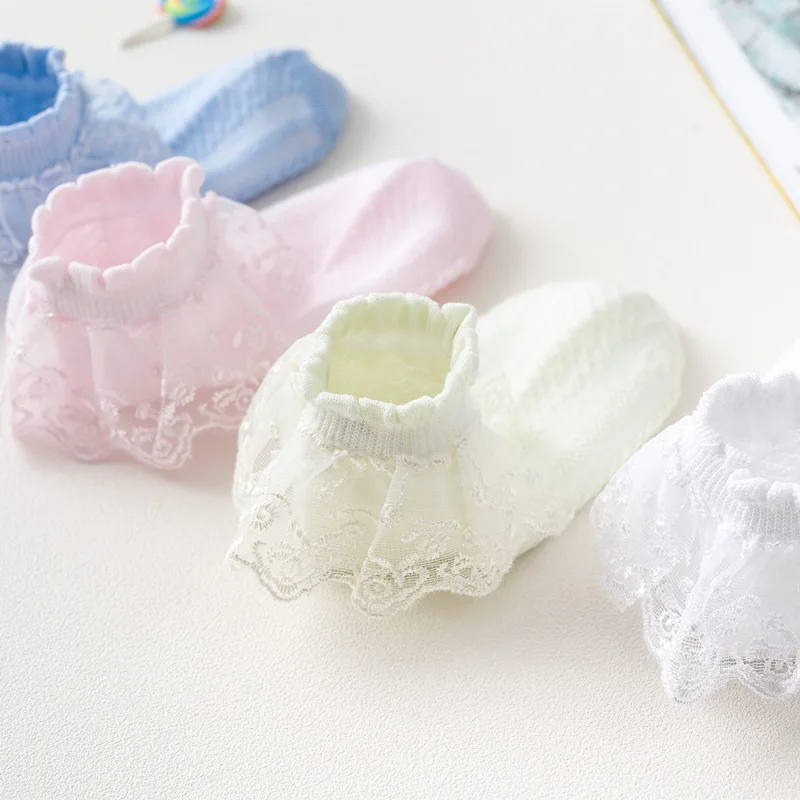 Calcetines cortos de algod&oacute;n para ni&ntilde;os y ni&ntilde;as, medias de malla de princesa con volantes y encaje, color blanco, rosa y azul-2