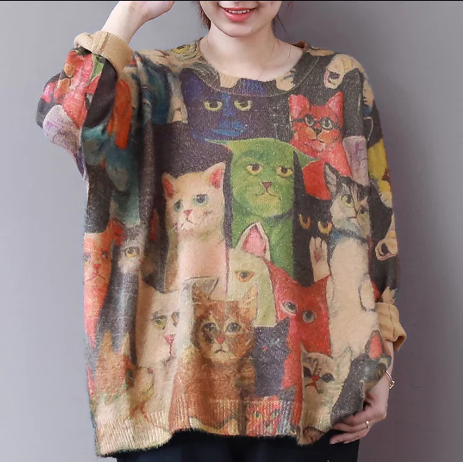 Women Sweater Autumn Loose Knitting Pullovers Tops 2021 New Ladies O-Neck Print kitten Casual All-match | Женская одежда