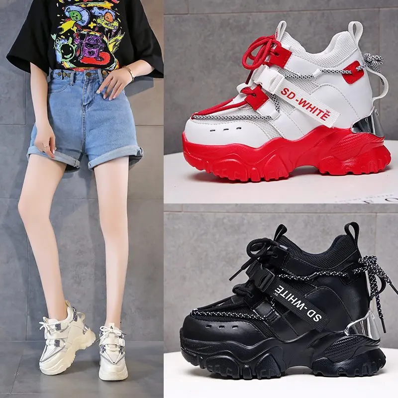 

Women Spring Platform Sneakers Ladies Mesh Beathable Fashion 10cm Heels Casual Dad Shoes Woman New Thick Bottom Vulcanize Shoes