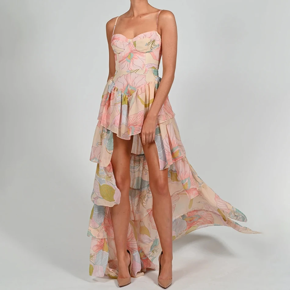 Женское платье в пол с каскадными оборками элегантное вечернее принтом лето 2021 |