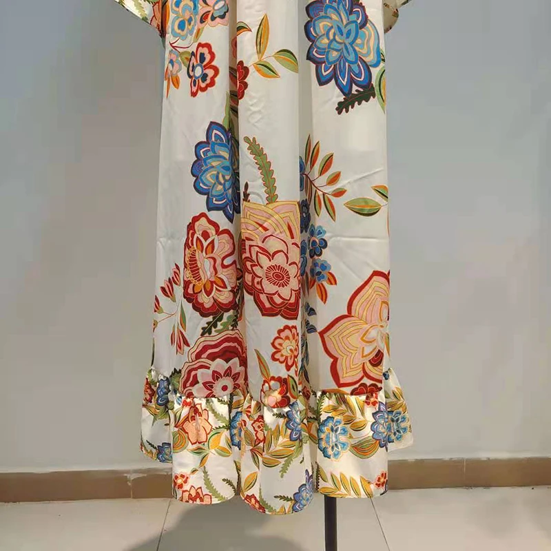 

TWOTWINSTYLE Vintage Print Patchwork Ruffle Dress For Women V Neck Flare Long Sleeve High Waist Sashes Hit Color Dresses Female