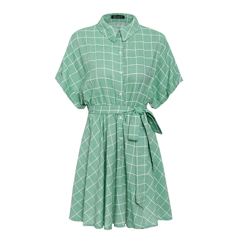 

Women Elegant Dress Green Plaid Short Sleeve Swing Pleated High Waist Dress Casual Loose Batwing Sleeve Short Party Streetwear