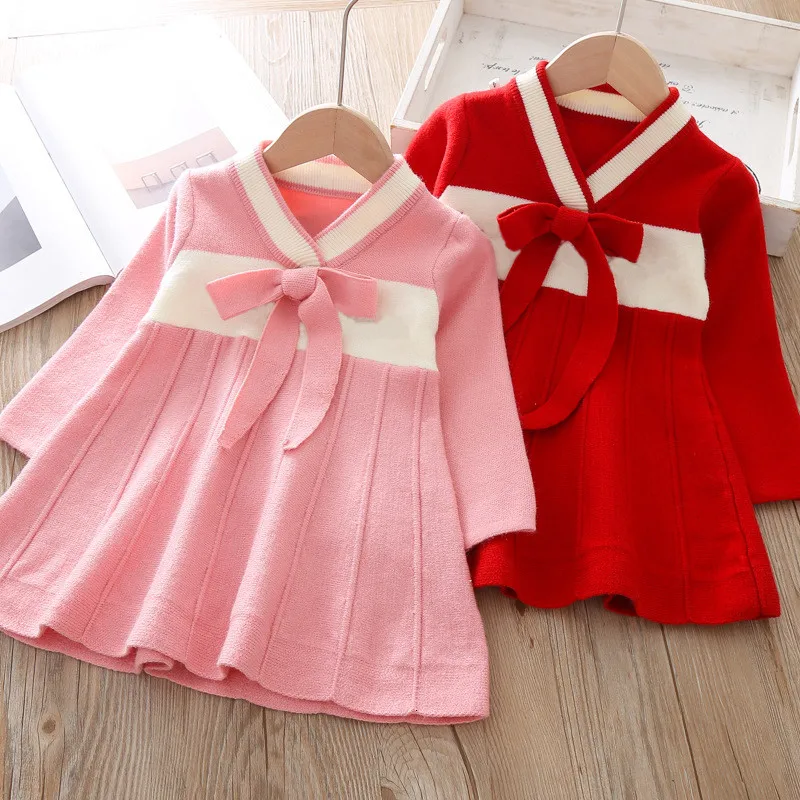 2019 Ethnic style V-neck embroidery knit dress Autumn and winter new children's sweater dresses girls princess warm | Детская одежда