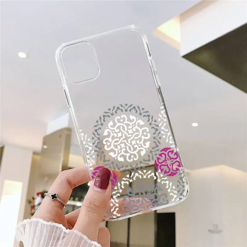 

Mandala Lace Flower Phone Case Transparent for iPhone 6 7 8 11 12 s mini pro X XS XR MAX Plus SE cover funda shell