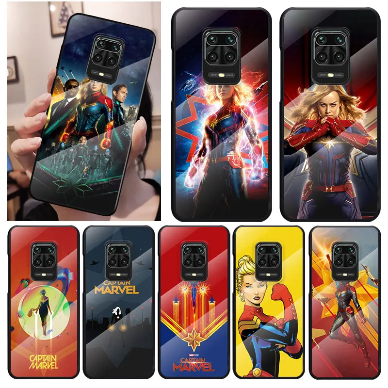 

Hot Captain Marvel For Xiaomi Redmi K40 K30 K20 9T 9C 9A 9 8A 7 Pro Plus Tempered Glass Luxury Cover Phone Case