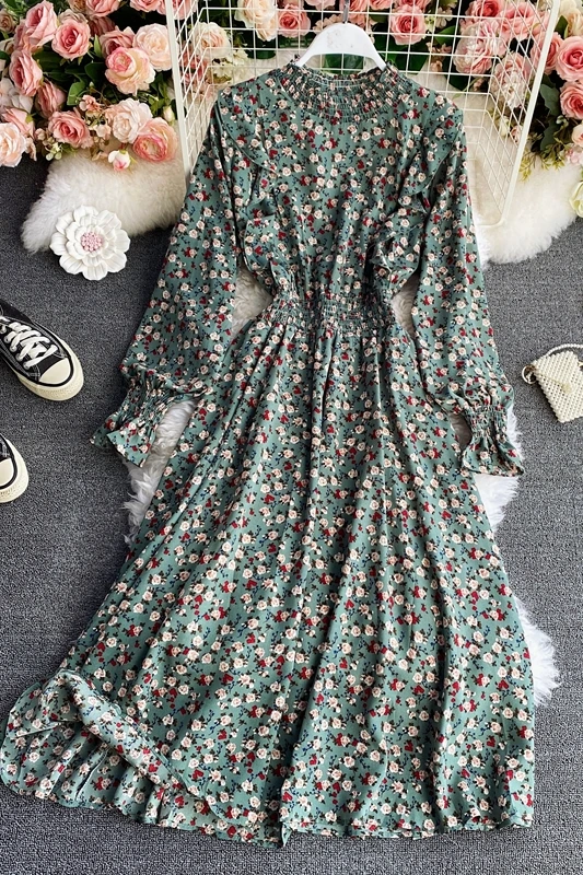 

Vintage Floral Chiffon Long Dress New Women's stand long sleeve casual MIDI dress floral Elastic Waist Chiffon Maxi Dress