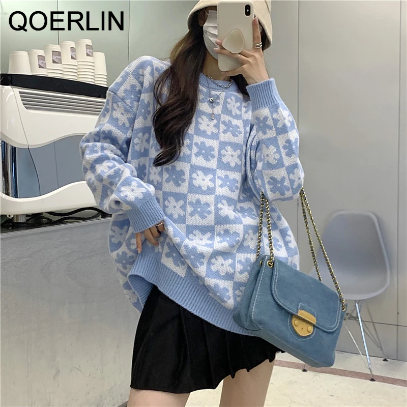 

Свободный Повседневный свитер QOERLIN, женская зимняя одежда, Свитер оверсайз с круглым вырезом и длинным рукавом, женские новые шикарные пуло...