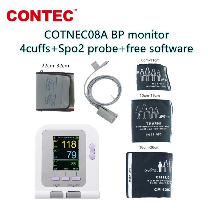 

Сфигмоманометр CONTEC08A цифровой с 4 манжетами, зонд spo2, электронный прибор для измерения артериального давления, ЖК-дисплей, для взрослых, детей, малышей, neo