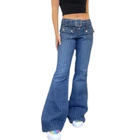 women pocket stripe wide leg denim jeans high waist bandage new women spring summer jean ladies stretch fare bell bottoms pants