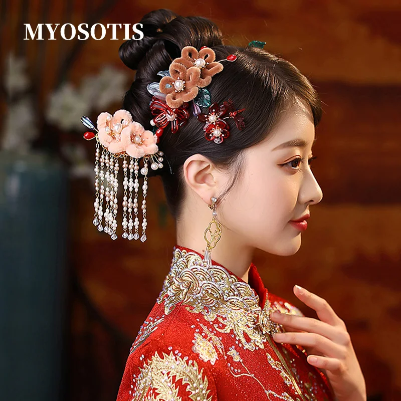 

Ladies Chinese Vintage Velvet Flower Wedding Hairpins Accessories Elegance Costume Hairwear Jewelries