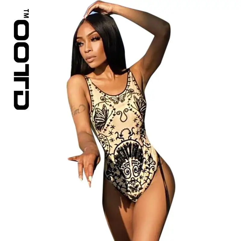 

OOTD New Summer Sexy Party Club Bodysuits For 2021 Women Print Lace Up Backless Sleeveless Bodysuits Female Casual Streetwears