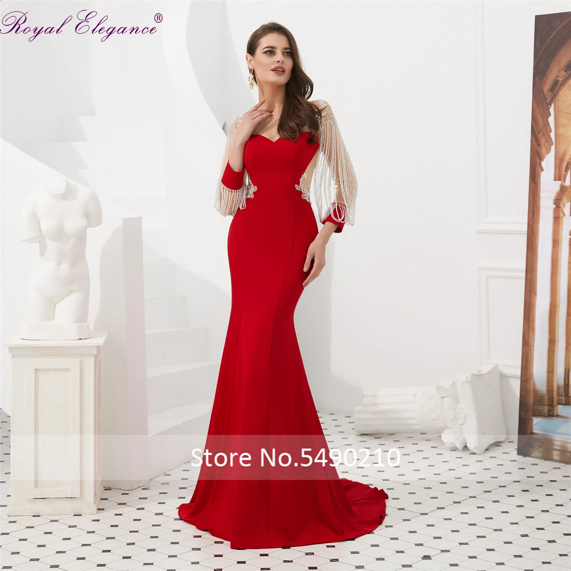 

Royal Elegance 2020 Illusion Embroidery Beaded Back Crepe Mermaid Evening Dress vestido de festa Elastic Prom dress