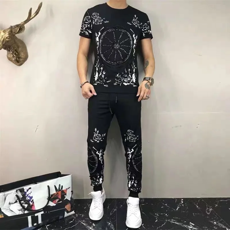 

European and American hot selling Tracksuit printed fashion sportswear suit men's T-shirt+pants casual 2-piece