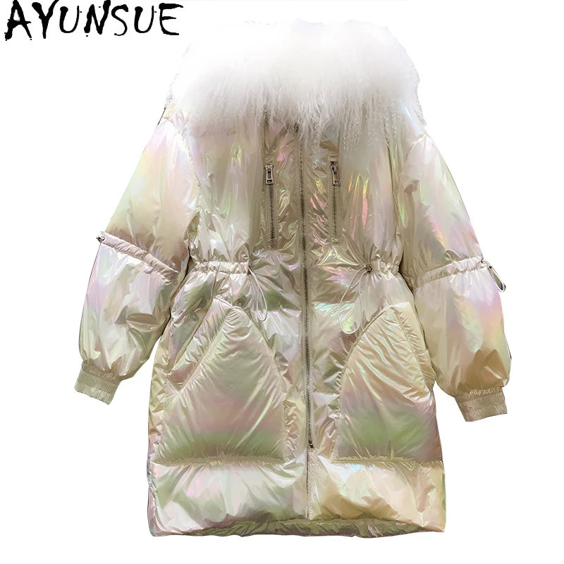 

Women's Winter Down Jacket Bright Long White Duck Down Coat Female Fashion Wool Collar Warm Parkas Casaco Feminino Inverno KJ