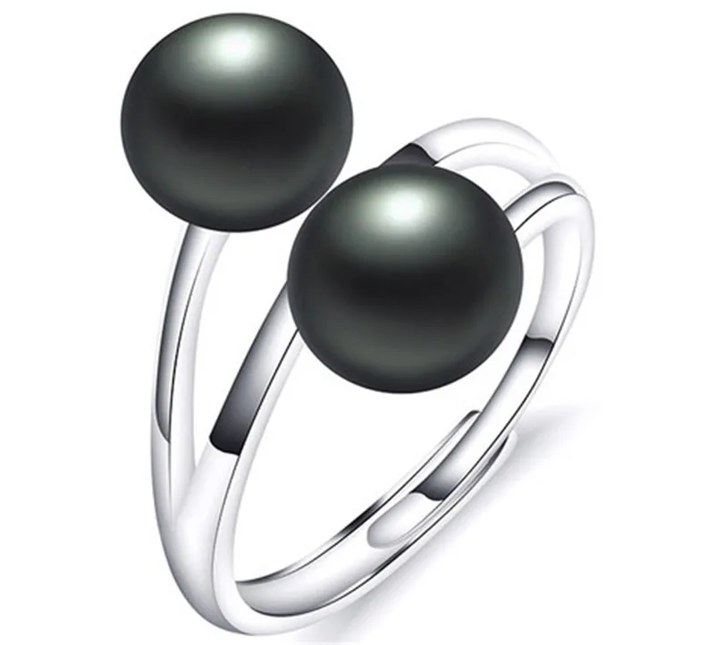 

HABITOO Natural 8-9mm Black Freshwater Cultured Double Inlaid Pearls 925 Sterling Silver Adjustable Rings for Women Jewelry