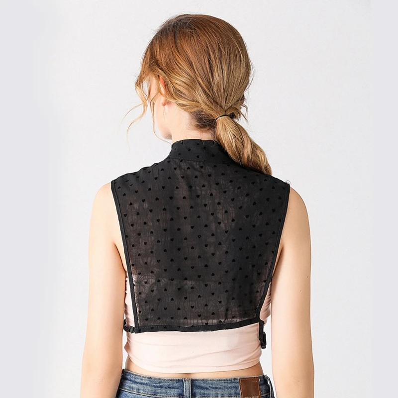 

Women Bow Tied Neck False Fake Collar Sweet Heart Dot Print Chiffon Detachable Half Shirt Blouse Button Down Dickey