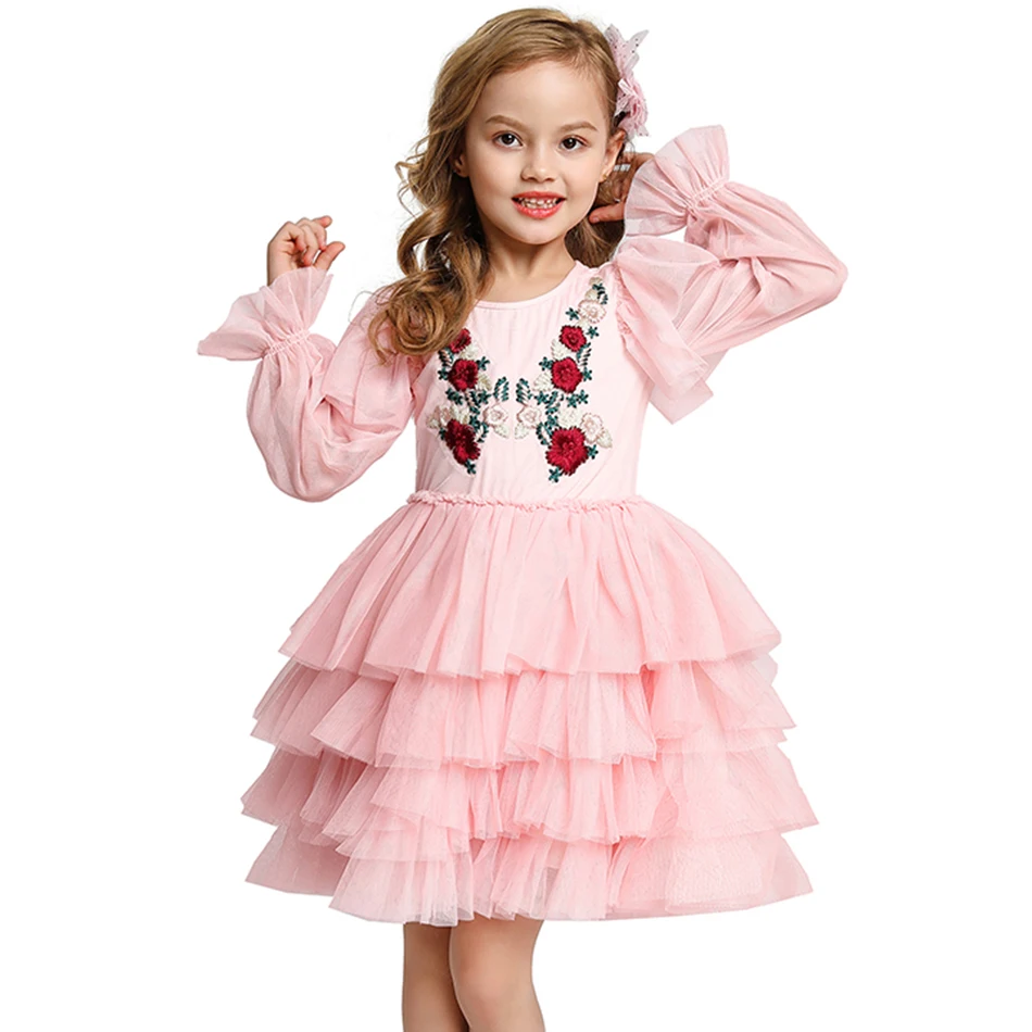 

Petal Sleeve Layered Dress Girls Flower Embroidery Elegant Summer Dresses Kids Cute Pink Gown Children Birthday Fancy Vestido