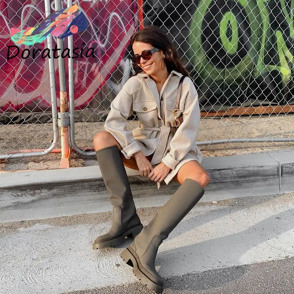 

DORATASIA Casual Leisure INS Brand Women Boots Soilid Lace Up Waterproof Knee High Chunky Platform Boots Casual Leisure Shoes