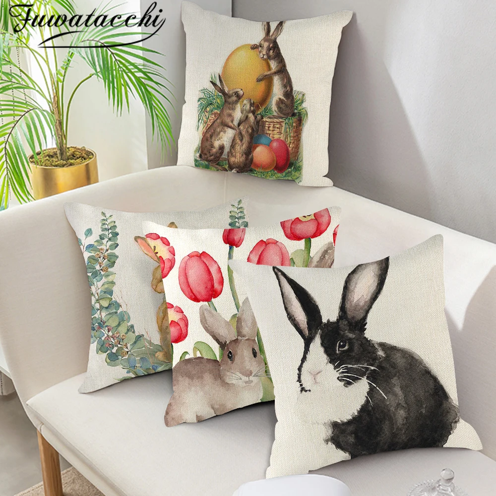 

Чехол для подушки из чистого льна Fuwatacchi, наволочка с рисунком серого кролика для дома, стула, дивана и автомобиля, декоративные наволочки 45x45...