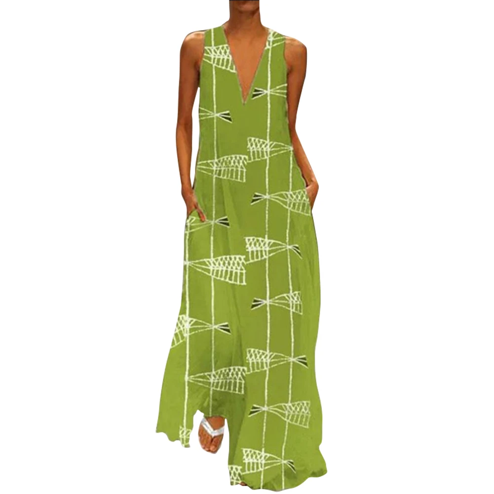 

Digital Printing Sleeveless Gown Maxi Dress Deep V-neck Party Dress BMF88