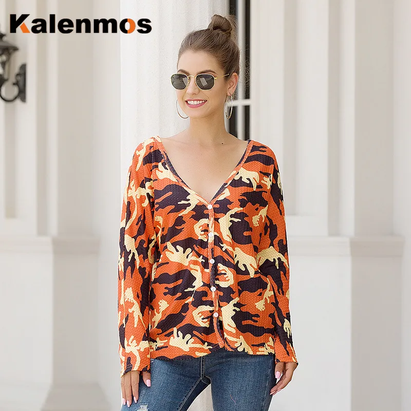 Long Sleeve Graphic Tees Women Button Print V Neck T Shirt Office Lady Feminino Plus Size Tshirt Casual Harajuku Top | Женская одежда