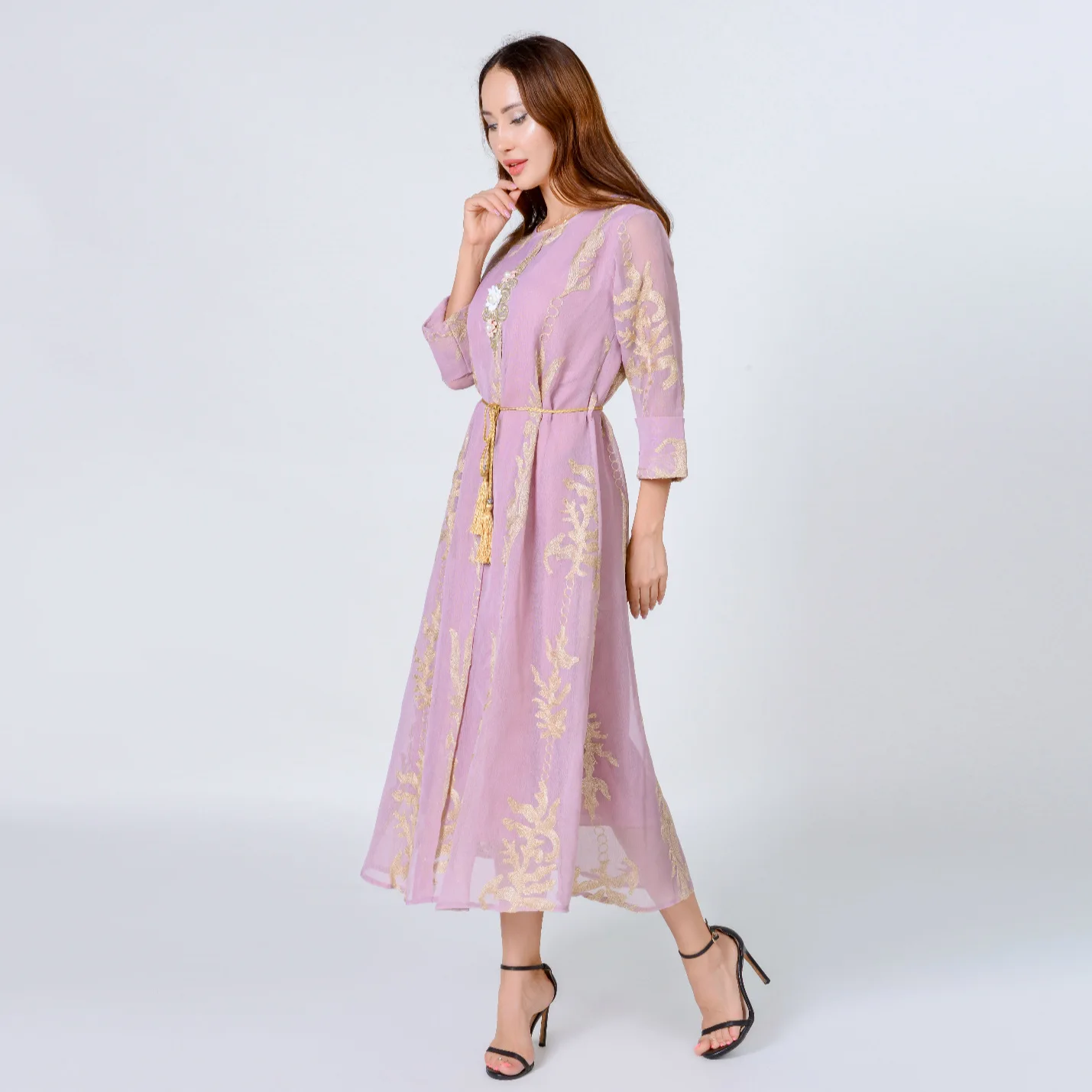 

Muslim Abaya Flower Embroidery Dress Dubai Middle East Muslim Women's Wear Plain Dress Kaftan Islamic Clothing India Gown Robe