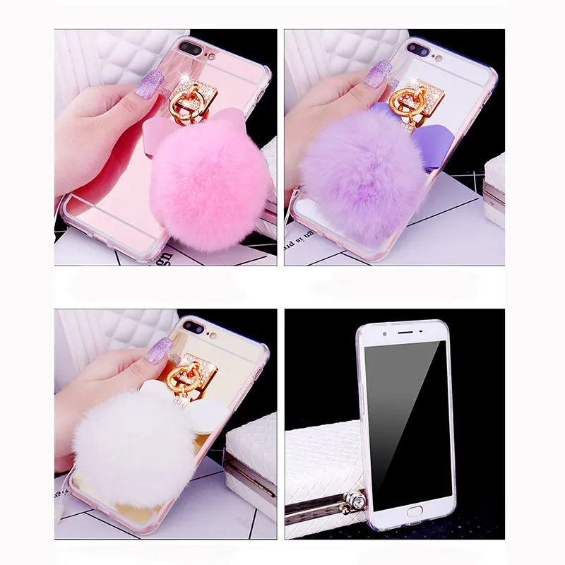 

Makeup mirror Case For iphone 12 X XS XR Pro MAX 7 8 6S plus SE 2020 Metal Ring Cute Hair Ball Cover For iPhone 11 pro max Cases
