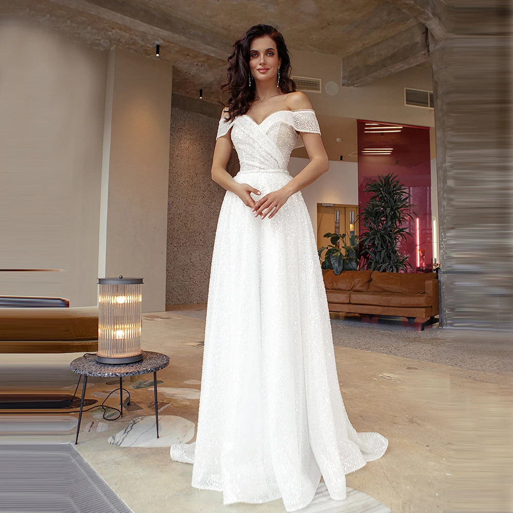 

Sparkly Wedding Dress For Woman Long Robe Pleat With Crystal Dot Off Shoulder Sweep Train Luxury Bridal Gowns Suknia ślubna 2021