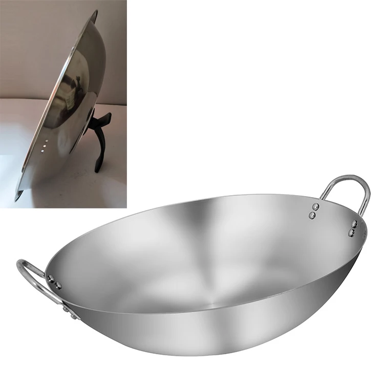 with lid Утюг без покрытия Woks двойной ухо Газовая Плита горшок ручной работы огромная Ручная ковка вок с бинауральной 32-40 см шеф-повара жарить вок с крышкой - Цвет: with lid
