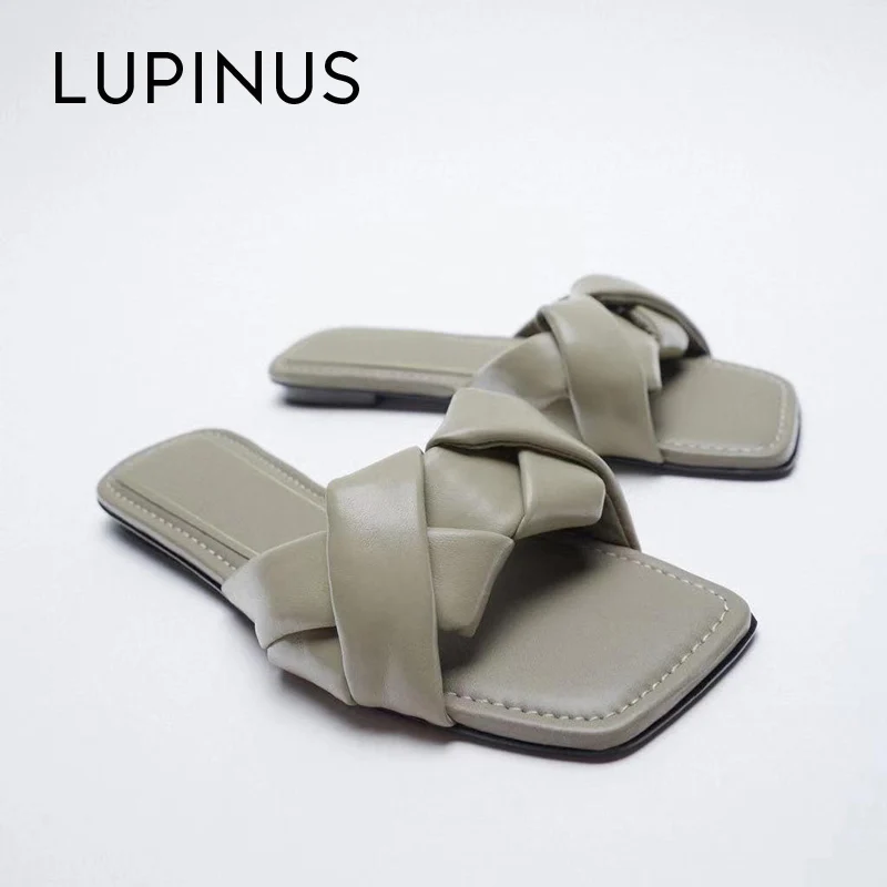 

LUPINUS Fashion Green Leather Weave Women Sandals Square Toe Open Toe Slippers Women 2022 New Chic Beach Women Flat Slippers