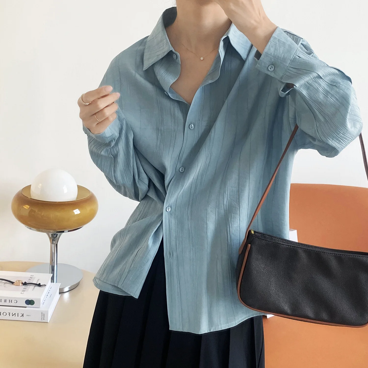 

Irregular Shirts Womens Spring 2021 French Style Solid Color Lapel Blouse Long Sleeve Frill Shirring Pinfold Long Sleeve Tops