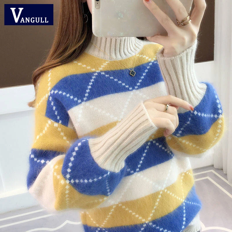 Vangull свитер в клетку с высоким воротником вязаный пуловер контрастного цвета