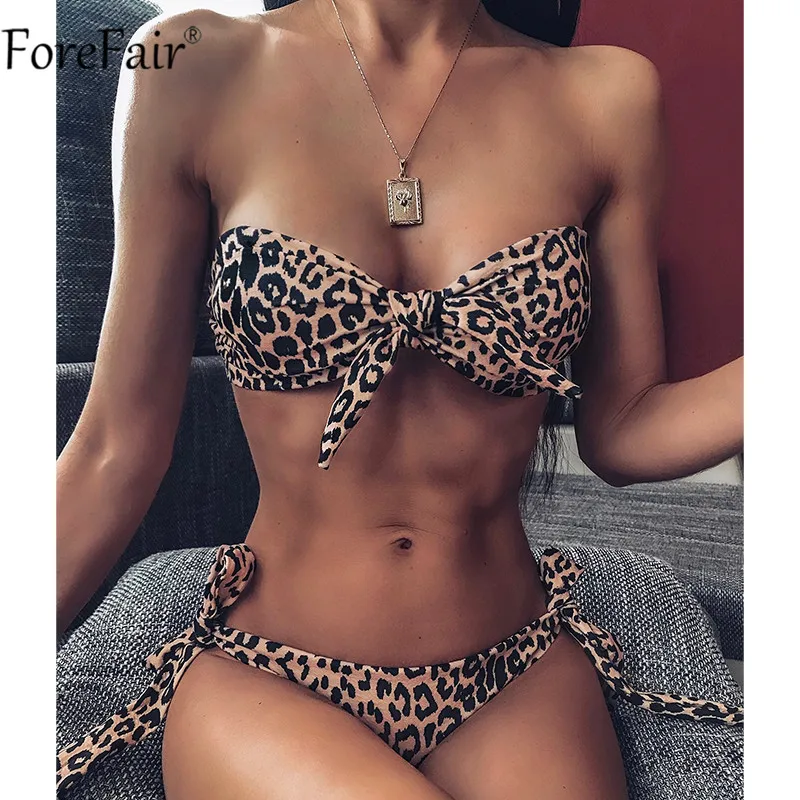 

Forefair Leopard Print Swimsuit 2020 Women Summer Two Piece Set Polka Dot Bandage Thong Push Up Bikini Sexy Black