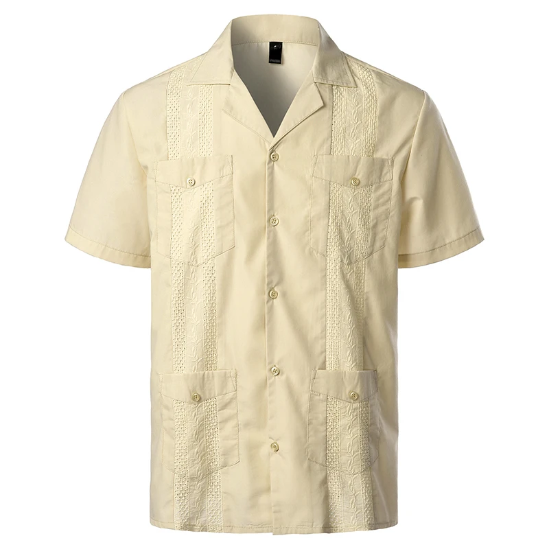 

Embroidery Floral Patchwork Shirts for Men Casual Multi-Pocket Mens Short Sleeve Shirt Cuban Camp Guayabera Ethnic Men Clothing