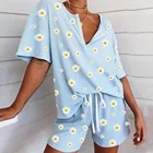 Женская одежда для сна в виде ромашек Цветочный принт Короткие комплект пижамы для женщин пижамный комплект милые футболки с коротким рукавом и шорты в летнем, пижама, нарядное платье