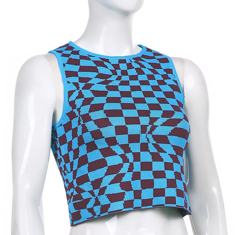 

Summer Crop Top Women Sleeveless Knitted Vest Plaid Printed Y2K Tank Top Women Streetwear Aesthetic Cute Shirts Amisas De Mujer