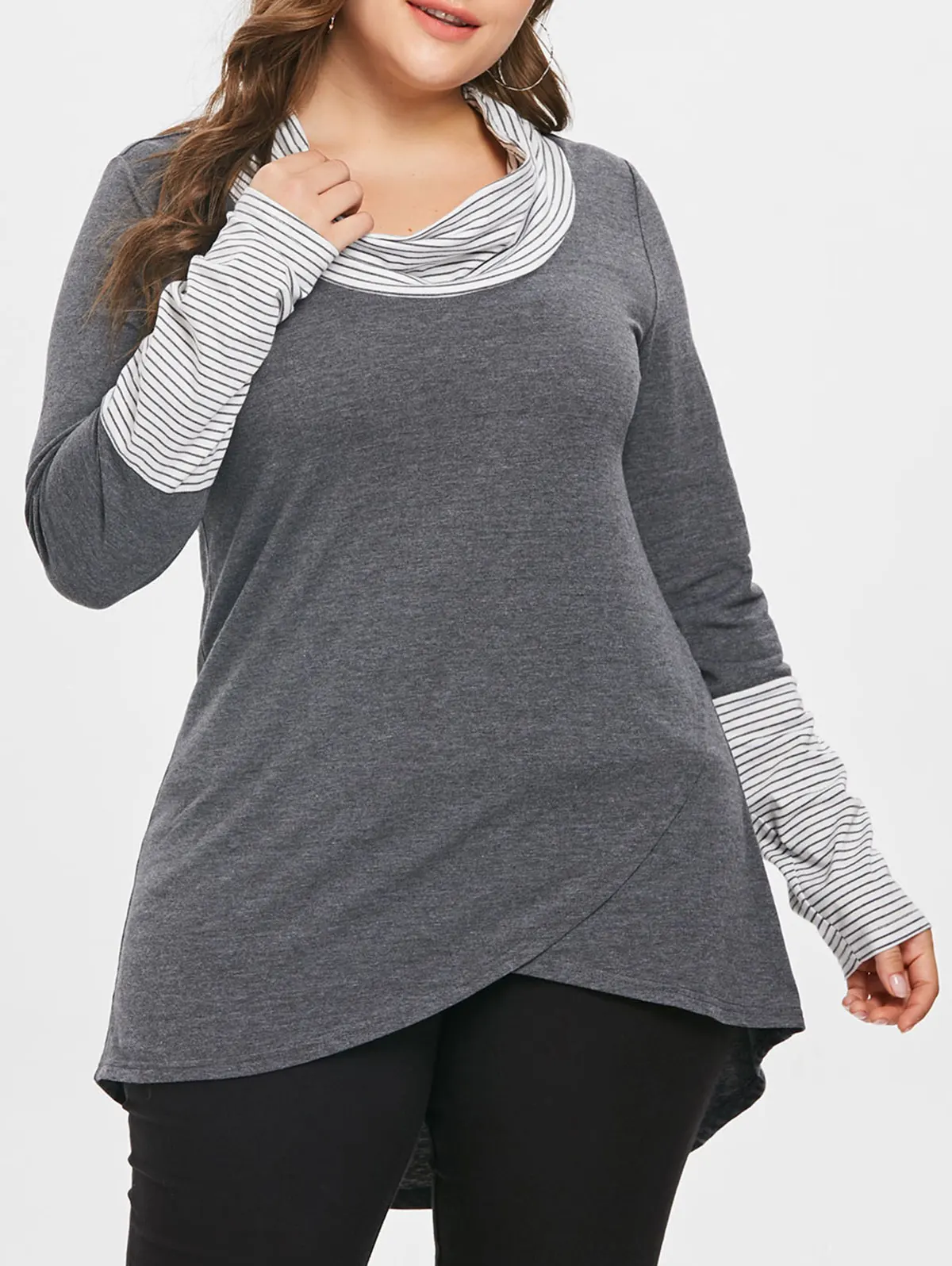 ROSEGAL плюс размер полосатая Высокая Низкая футболка с длинными рукавами Хомут