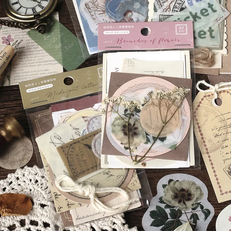 

1Pcs 30Sheets Stickers Vintage Literary Retro Creative Handbook Decorat Collage Scrapbook For Diy Natural Collection Album Diary