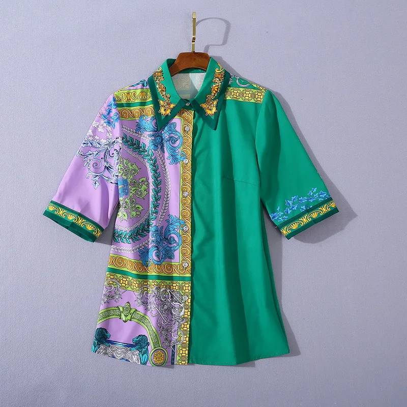 

European and American women's clothing 2020 autumn new style Short-sleeved green retro print shirt Pleated skirt Fashion suit