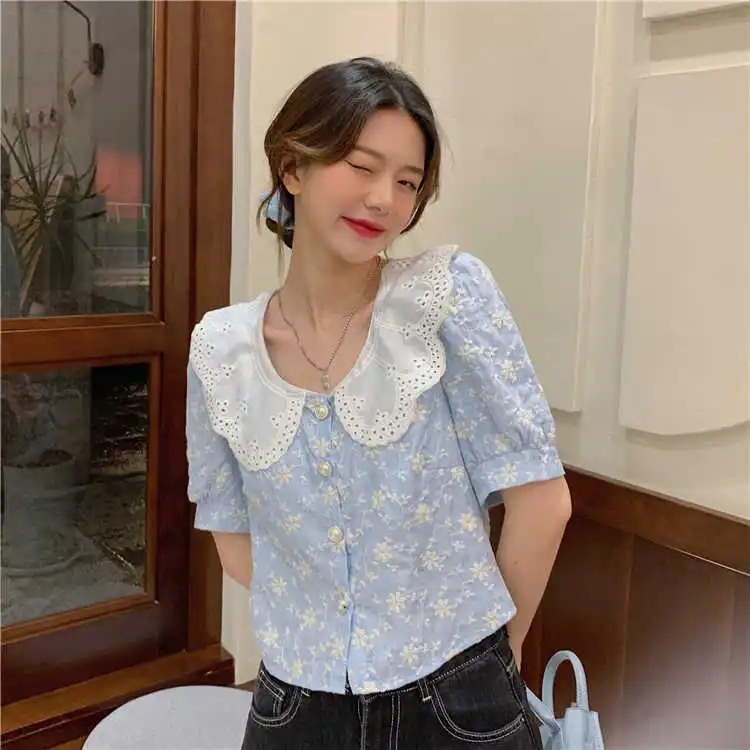 Реальный снимок вышивка с буффами на рукавах кукольный воротник жемчужная