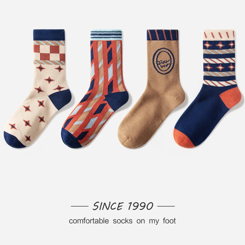 

12 Pairs Spring Autumn New Trend Personality Retro Jacquard Weave Middle Tube Socks Combed Cotton Fashion Girl Stockings E2417