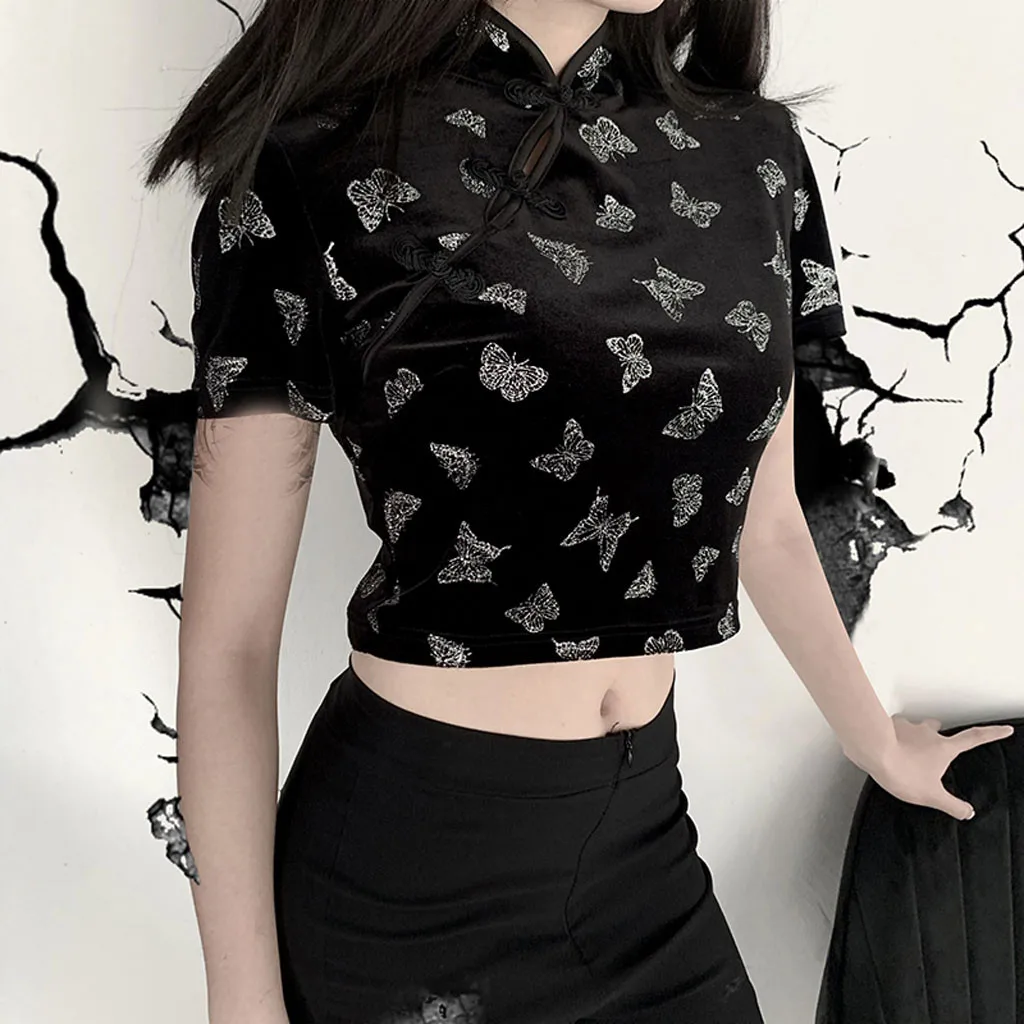 Женский улучшенный топ в китайском стиле с принтом бабочки чонсам коротким
