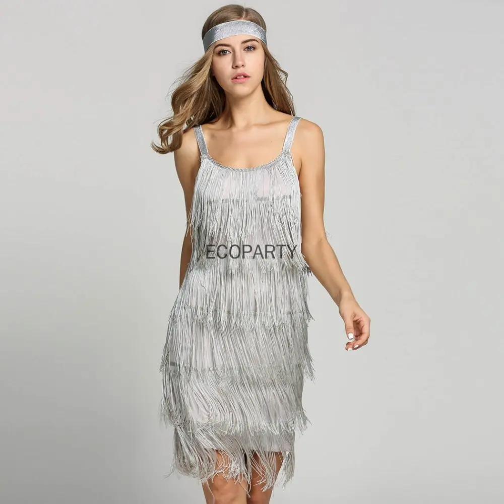 

Vintage Vestidos 1920s Flapper Girl Fancy Dress Great Gatsby Dress Costumes Slash Neck Strappy Fringe Swing Party Dress Women