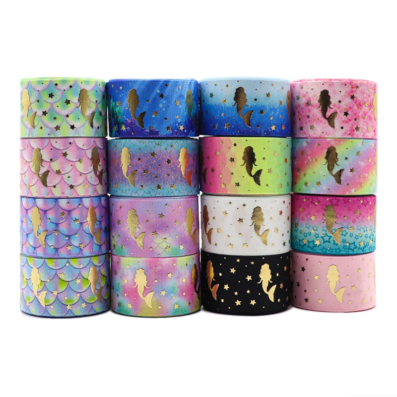 10 ярдов 1 5 &quot38 мм золото с принтом Русалочки корсажная лента для волос луки
