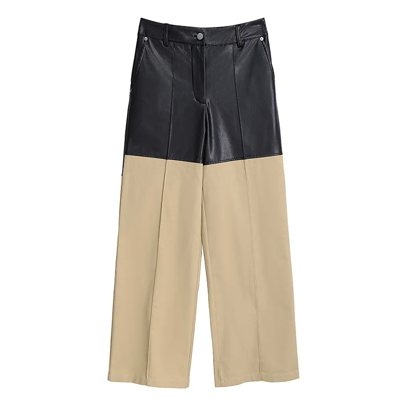 

Women Stylish patchwork Faux Leather Straight Pant Trousers Elegant High Waist female Pants A367