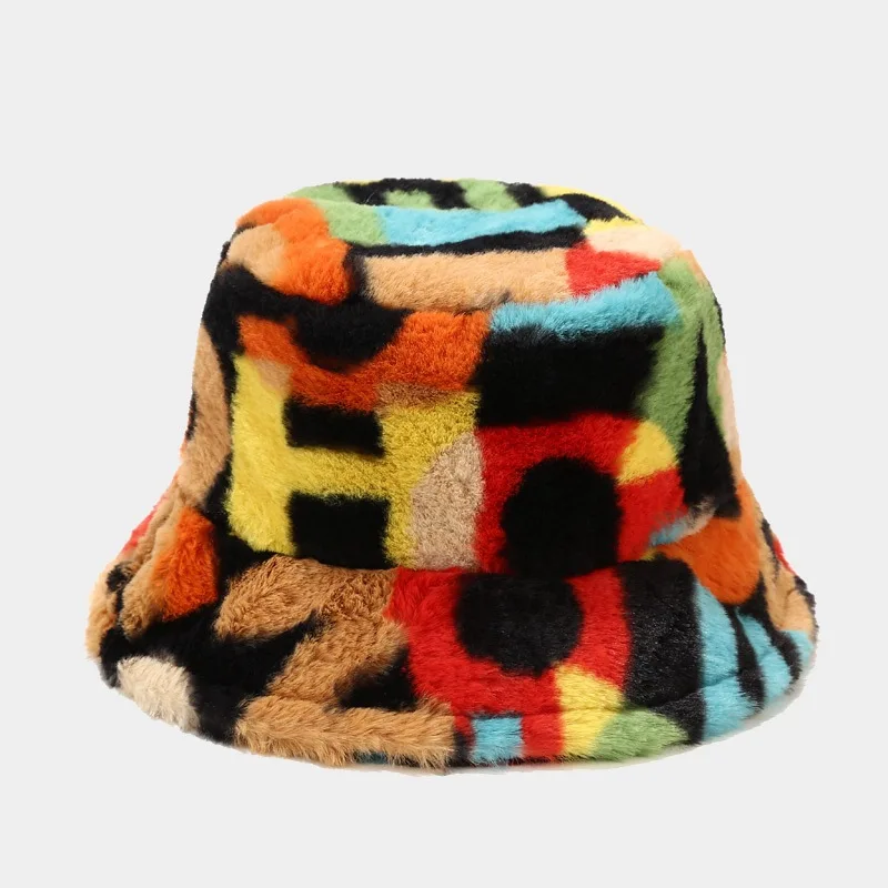 

Women's Bucket Hat Colorful Print Plush Fisherman Hats Outdoor Trendy Basin Caps Winter Keep Warm Soft Men's Flat Top Hat Unisex