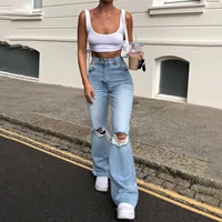 donsignet fashion womens jeans casual hot sale solid color high street clothing high waist ripped wide leg denim flared pants